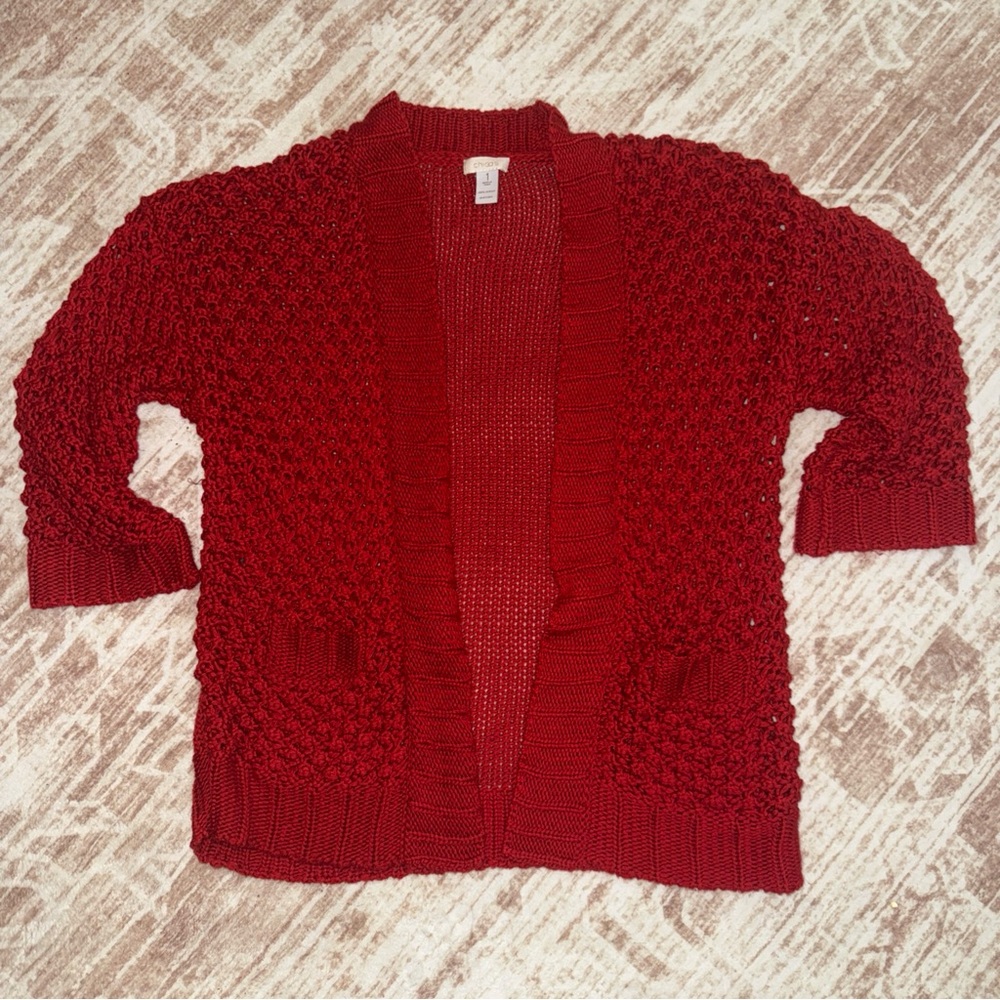 Chico’s Size 1 Burgundy Knit Open Front Cardigan Sweater Pockets